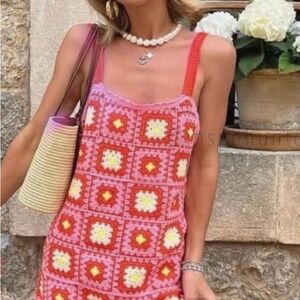 Zara Red and Pink Crochet Mini Dress